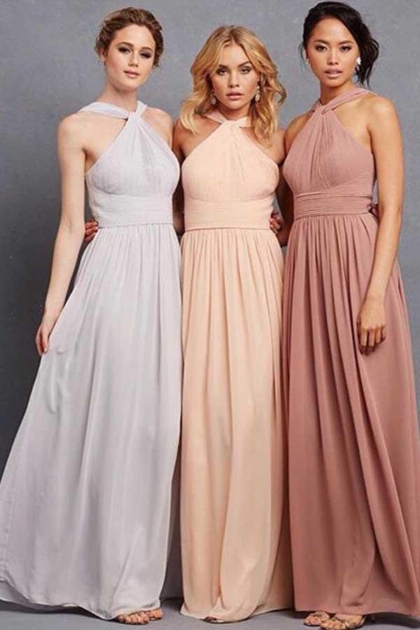 Elegante vestido de dama de honor de gasa con cuello halter, volantes y corte imperio, largo hasta el suelo, BD033