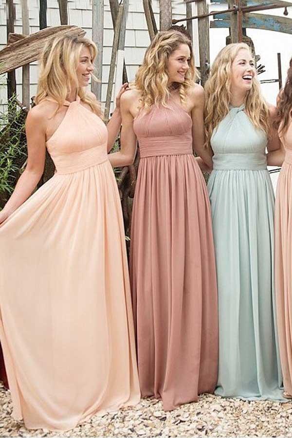 Elegante vestido de dama de honor de gasa con cuello halter, volantes y corte imperio, largo hasta el suelo, BD033