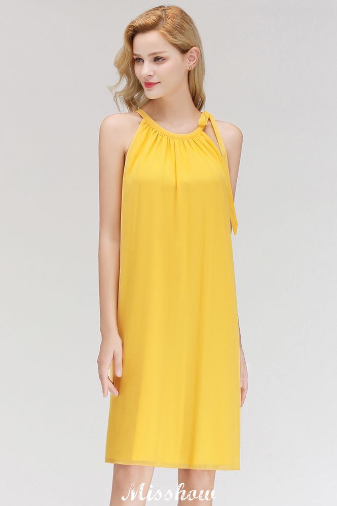 Elegante vestido de noche sencillo con cuello halter y sin mangas hasta la rodilla