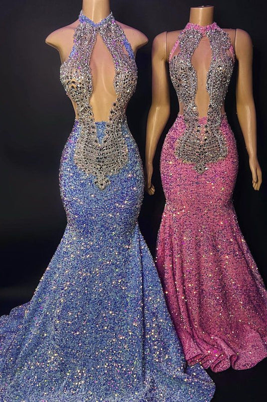 Elegantes Neckholder-ärmelloses Meerjungfrau-Ballkleid mit Perlen