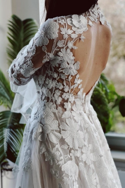 Elegant High Collar Long Sleeves A-Line Lace Wedding Dress with Chapel Train