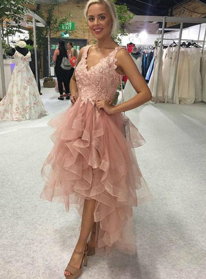 Elegant High Low A-line V-neck Backless Lace Tulle Prom Dress
