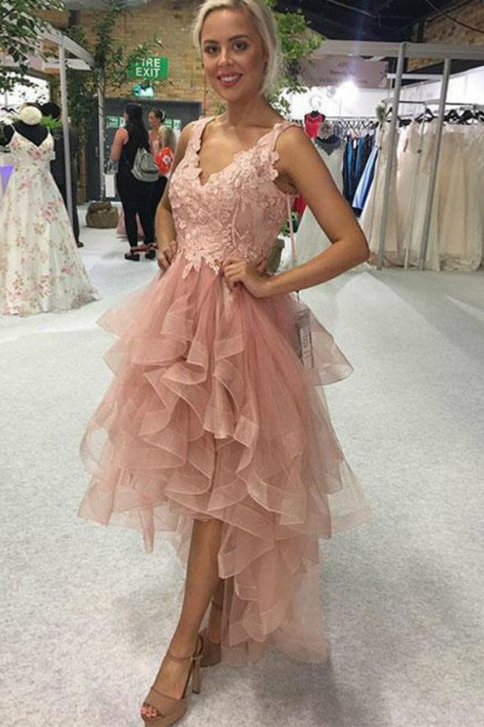 Elegantes High Low A-Linie V-Ausschnitt Rückenfreies Spitzen-Tüll-Ballkleid