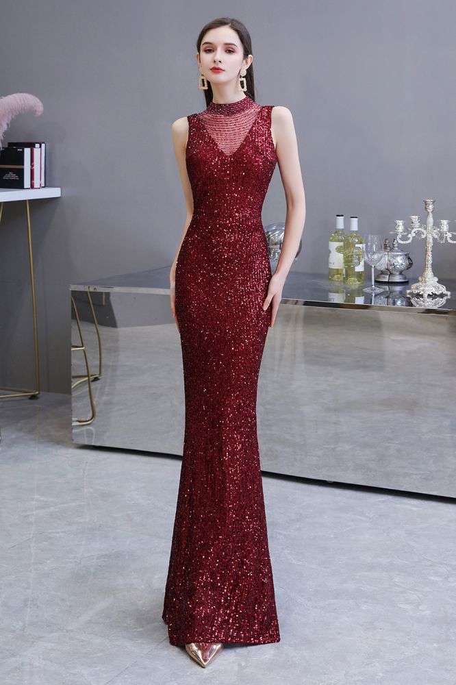 Elegante vestido de fiesta de sirena sin mangas color burdeos con cuello ilusión