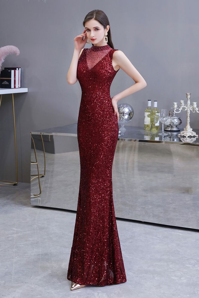 Elegante vestido de fiesta de sirena sin mangas color burdeos con cuello ilusión