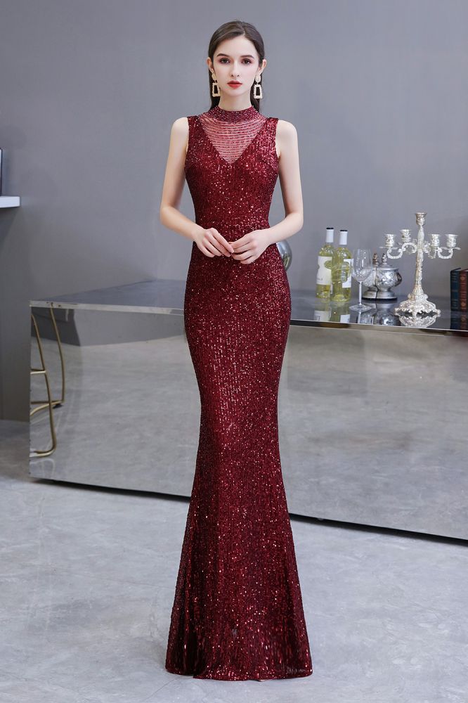 Elegante vestido de fiesta de sirena sin mangas color burdeos con cuello ilusión