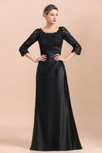 Elegante vestido de novia de satén negro con mangas 3/4 y volantes de encaje, en oferta.