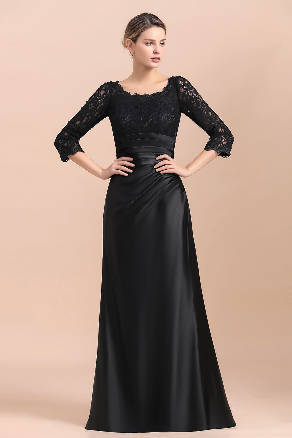 Elegantes Juwel 3/4 Ärmel Schwarz Satin Spitze Rüschen Kleid für die Brautmutter im Angebot