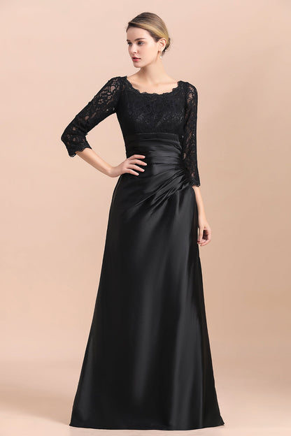 Elegantes Juwel 3/4 Ärmel Schwarz Satin Spitze Rüschen Kleid für die Brautmutter im Angebot