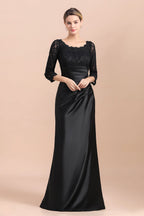 Elegante vestido de novia de satén negro con mangas 3/4 y volantes de encaje, en oferta.