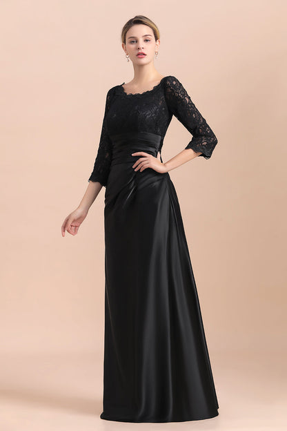 Elegantes Juwel 3/4 Ärmel Schwarz Satin Spitze Rüschen Kleid für die Brautmutter im Angebot