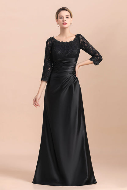 Elegantes Juwel 3/4 Ärmel Schwarz Satin Spitze Rüschen Kleid für die Brautmutter im Angebot
