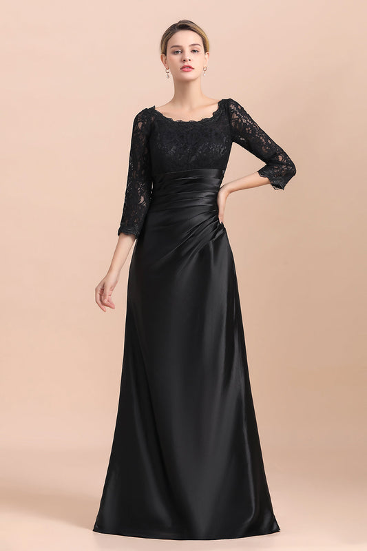 Elegantes Juwel 3/4 Ärmel Schwarz Satin Spitze Rüschen Kleid für die Brautmutter im Angebot