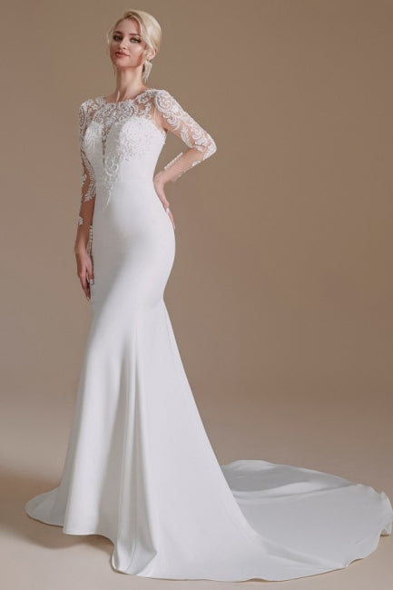 Elegant Jewel Long-Sleeve Mermaid Floor-Length Satin Wedding Dresses with Pattern