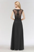 Elegante vestido de dama de honor negro de encaje, sin mangas, largo hasta el suelo, con joya
