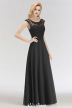 Elegante vestido de dama de honor negro de encaje, sin mangas, largo hasta el suelo, con joya