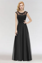 Elegante vestido de dama de honor negro de encaje, sin mangas, largo hasta el suelo, con joya