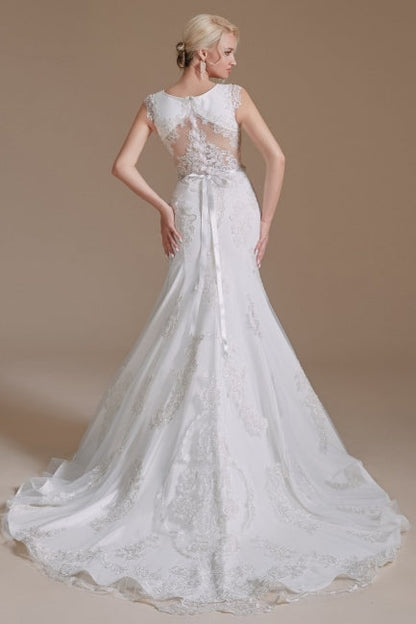 Elegant Jewel Sleeveless Mermaid Floor-Length Satin Wedding Dresses with Lace