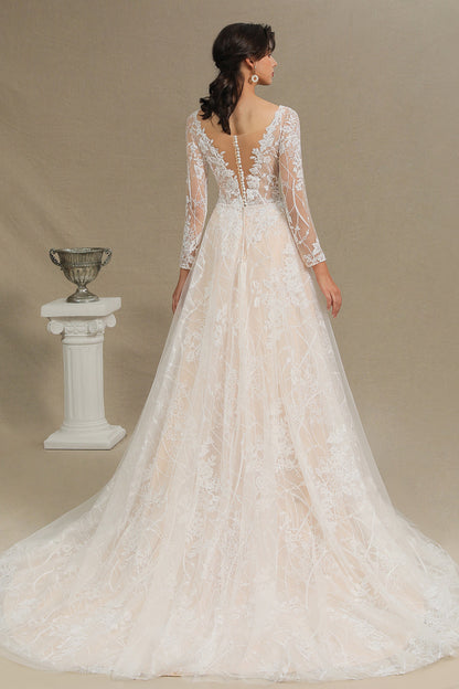 Elegant Lace Deep V-neck Wedding Dress Long Sleeve Floor Length Bridal Gowns