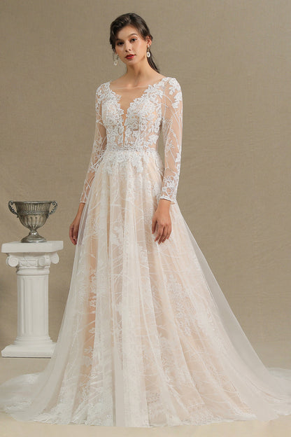 Elegant Lace Deep V-neck Wedding Dress Long Sleeve Floor Length Bridal Gowns