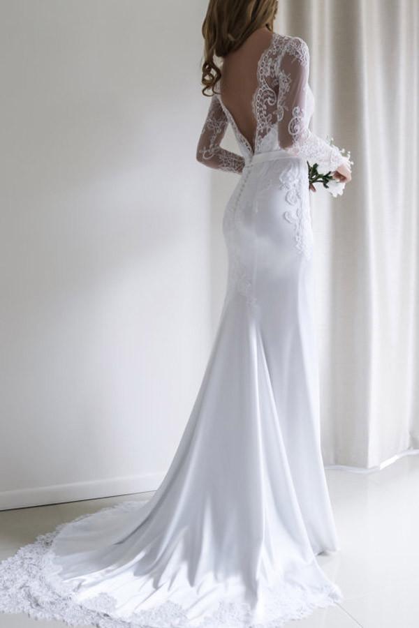 Elegante vestido de novia blanco de sirena con mangas largas y encaje y cola WD110
