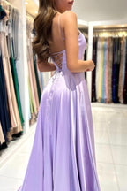 Elegant Lilac Long A-line Spaghetti Straps Lace-Up Satin Prom Dresses