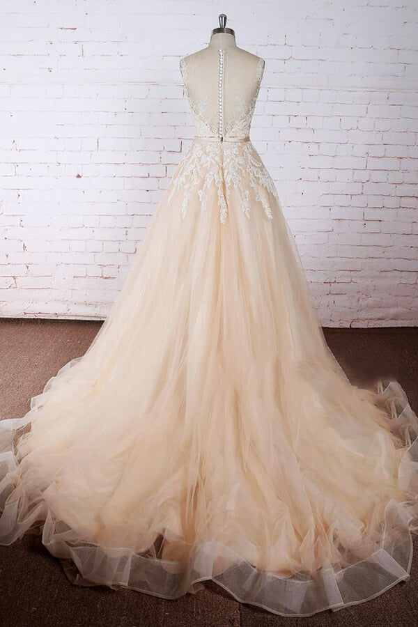 Elegante vestido de novia largo de tul con apliques de encaje y corte A