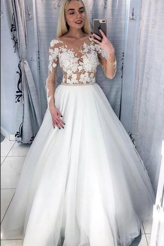 Elegant Long A-Line Bateau Appliques Lace Tulle Wedding Dress with Sleeves