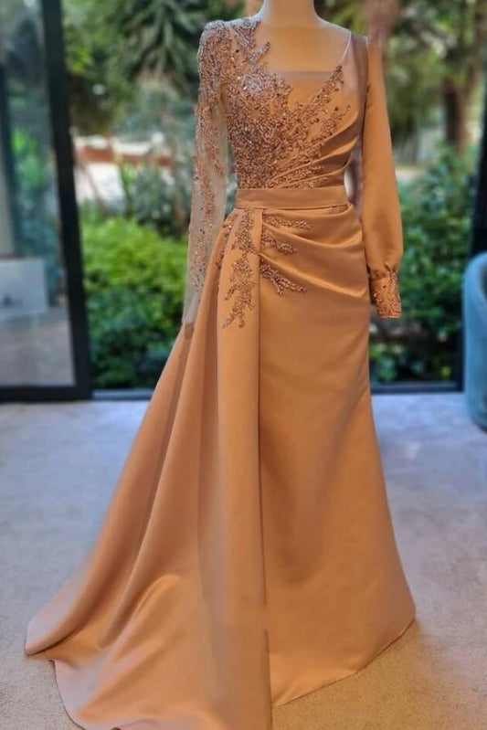Elegantes langes A-Linien-Bateau-Spitzenrüschen-Satin-Ballkleid mit Ärmeln