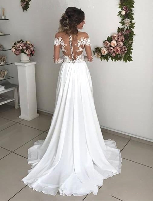 Elegante vestido de novia largo de gasa con encaje, mangas largas y abertura en la espalda
