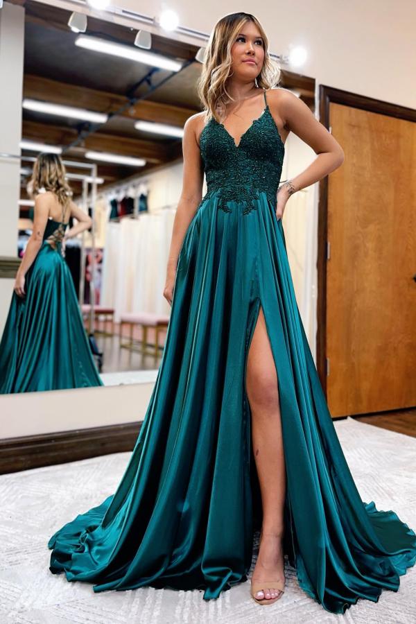 Elegantes langes A-Linien-Neckholder-Ballkleid aus Satin mit Schlitz vorne und rückenfreiem Schnitt und Taschen