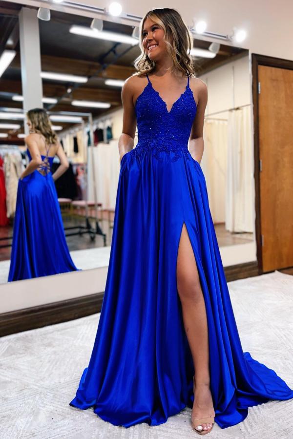 Elegantes langes A-Linien-Neckholder-Ballkleid aus Satin mit Schlitz vorne und rückenfreiem Schnitt und Taschen