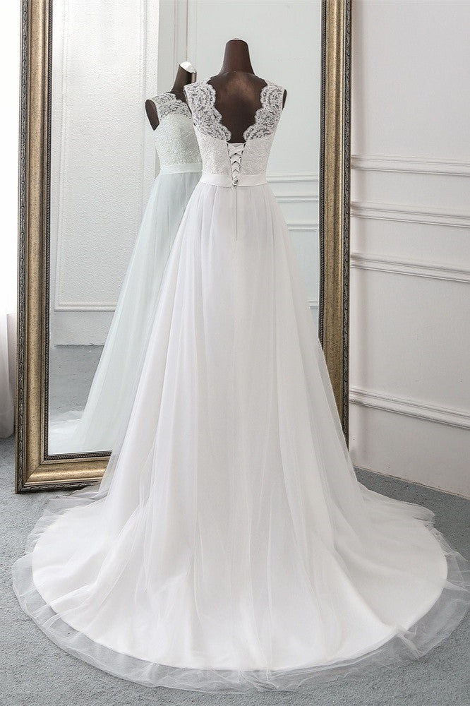 Elegante vestido de novia largo de corte A con apliques de tul y encaje