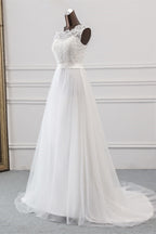 Elegante vestido de novia largo de corte A con apliques de tul y encaje