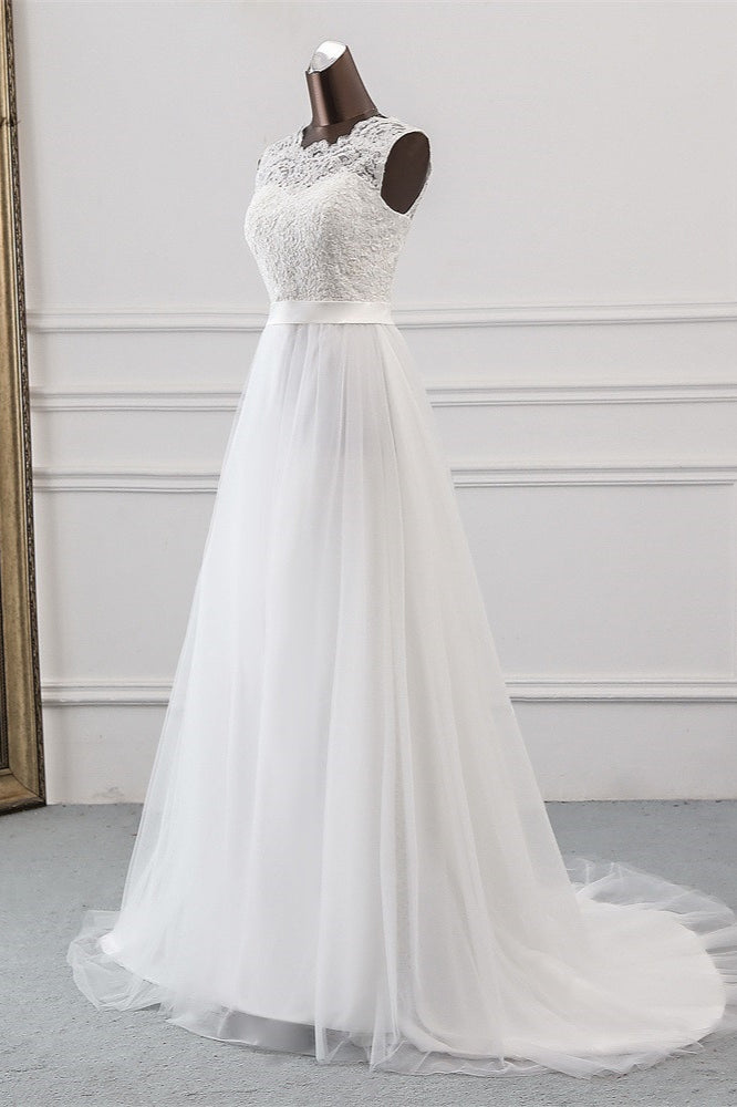 Elegante vestido de novia largo de corte A con apliques de tul y encaje