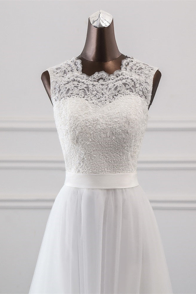 Elegante vestido de novia largo de corte A con apliques de tul y encaje