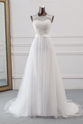 Elegante vestido de novia largo de corte A con apliques de tul y encaje
