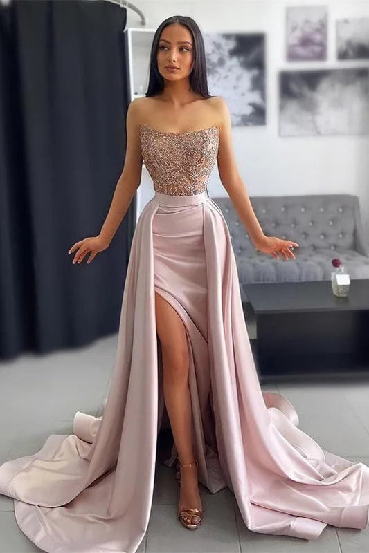 Elegante vestido de fiesta largo de encaje con lentejuelas, sin mangas y abertura en forma de A