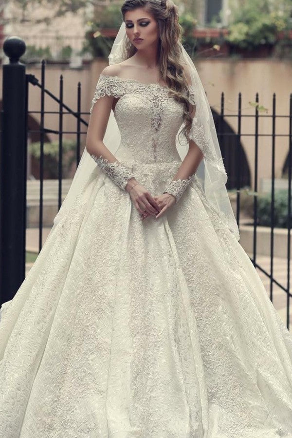 Elegantes langes A-Linien-Brautkleid mit schulterfreiem Rücken, Applikationen und Spitze
