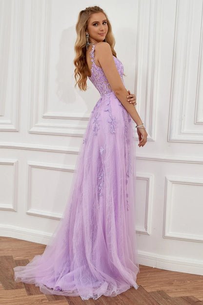 Elegant Long A-line Off The Shoulder Lace Tulle Formal Graduation Prom Dresses with Slit