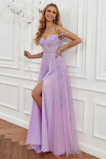 Elegant Long A-line Off The Shoulder Lace Tulle Formal Graduation Prom Dresses with Slit