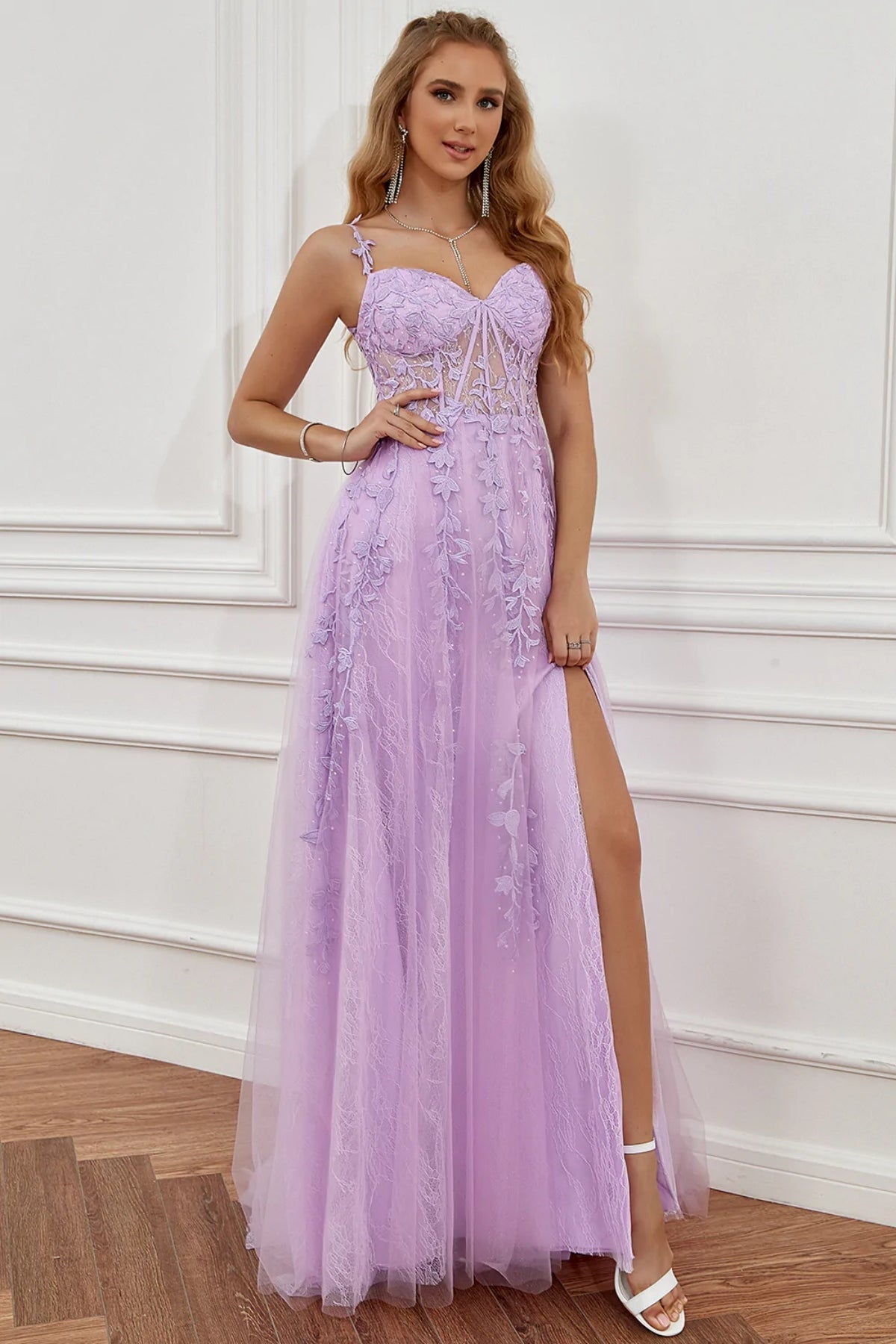 Elegant Long A-line Off The Shoulder Lace Tulle Formal Graduation Prom Dresses with Slit