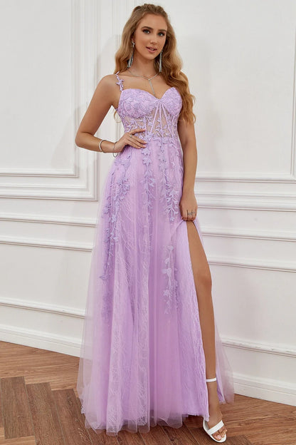 Elegant Long A-line Off The Shoulder Lace Tulle Formal Graduation Prom Dresses with Slit