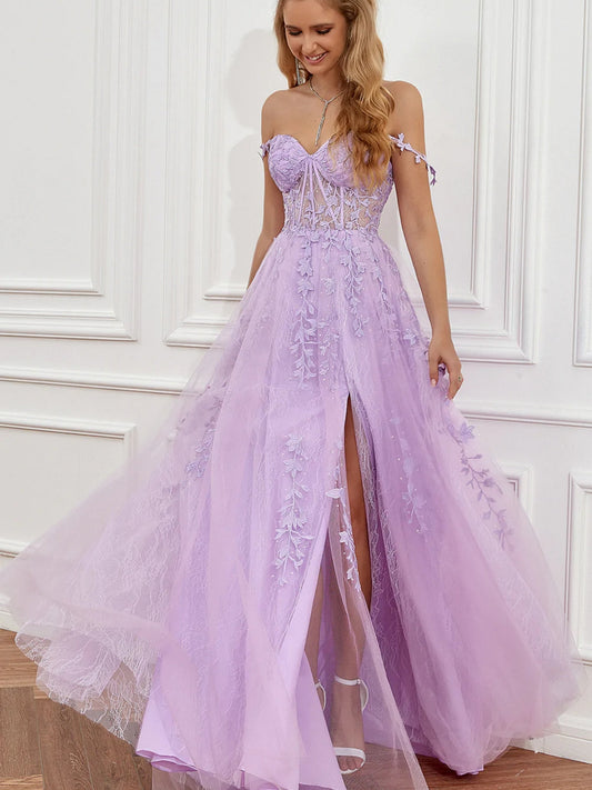 Elegant Long A-line Off The Shoulder Lace Tulle Formal Graduation Prom Dresses with Slit
