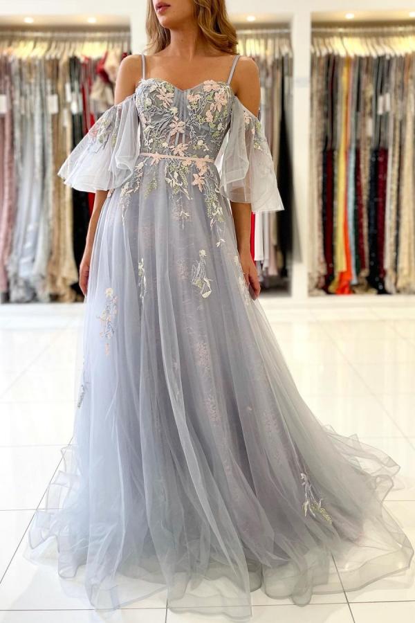 Elegantes langes, schulterfreies A-Linien-Ballkleid aus Tüll mit Ärmeln