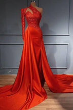 Elegant Long A-line One Shouder Satin Prom Dress with Sleeves