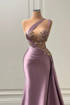 Elegante vestido de fiesta largo de corte A con un hombro al descubierto, sin mangas y apliques