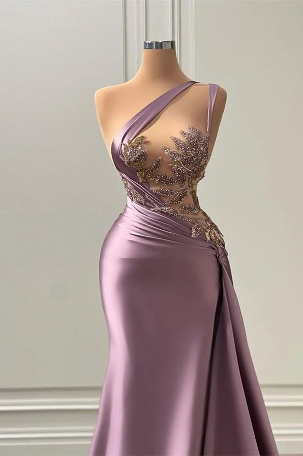 Elegante vestido de fiesta largo de corte A con un hombro al descubierto, sin mangas y apliques