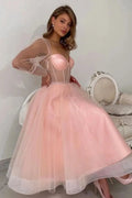 Elegantes langes A-Linien-Ballkleid aus rosa Tüll mit langen Ärmeln, pfirsichfarben