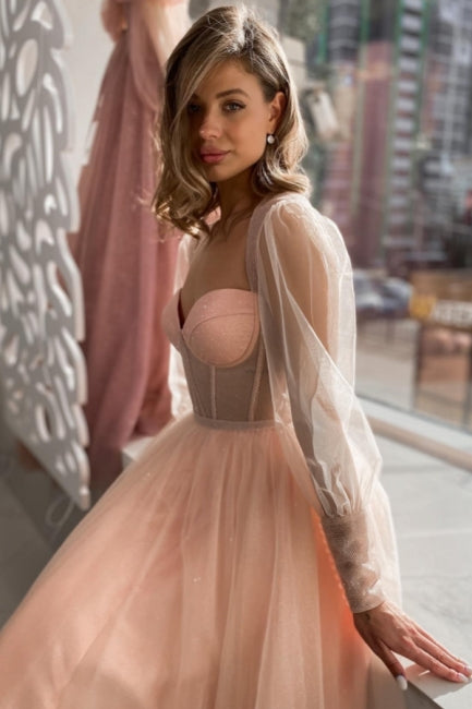 Elegantes langes A-Linien-Ballkleid aus rosa Tüll mit langen Ärmeln, pfirsichfarben